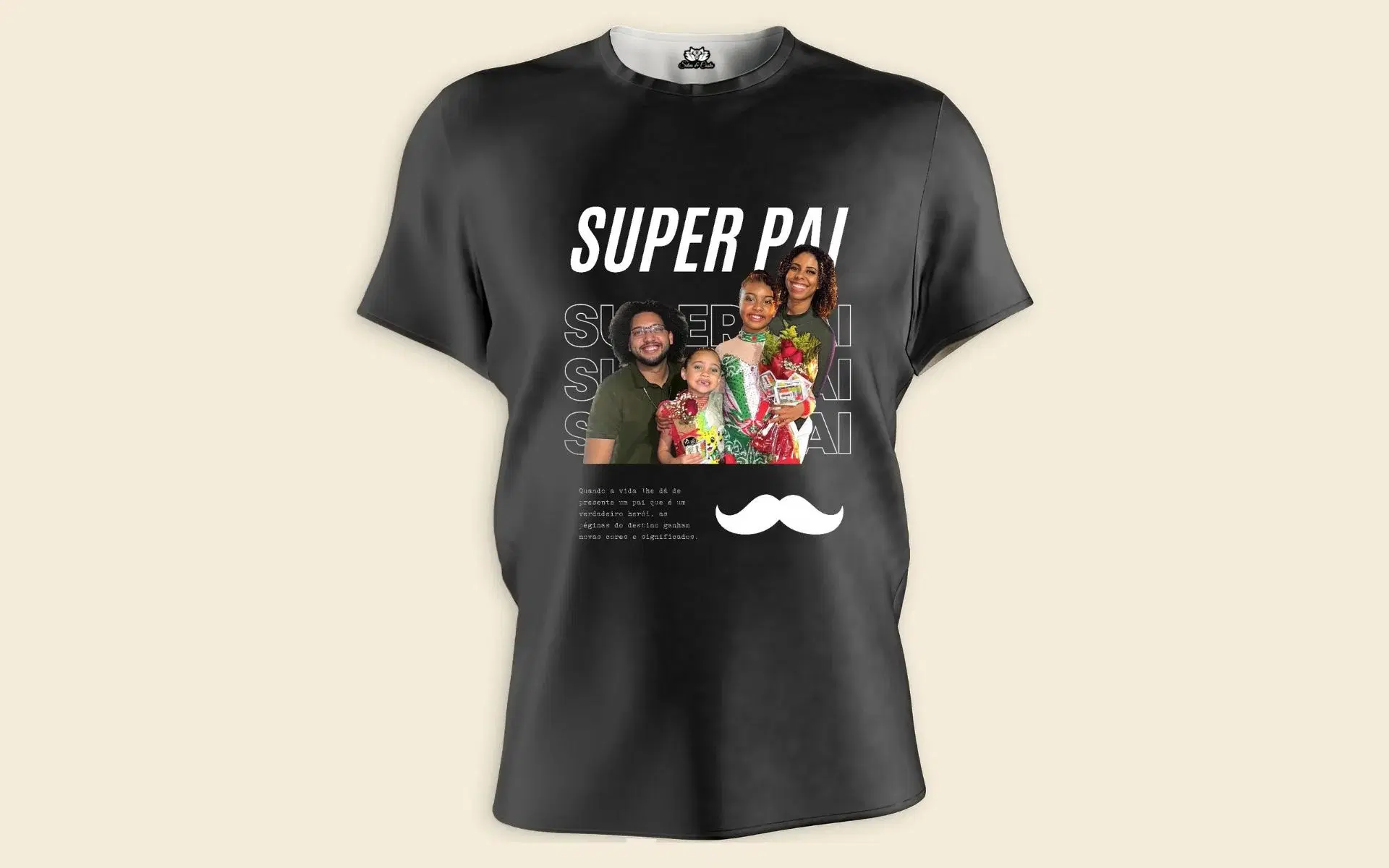 Estampa personalizada SUPER PAI em 300 DPI pronta pra sublimação, aplicada na camiseta